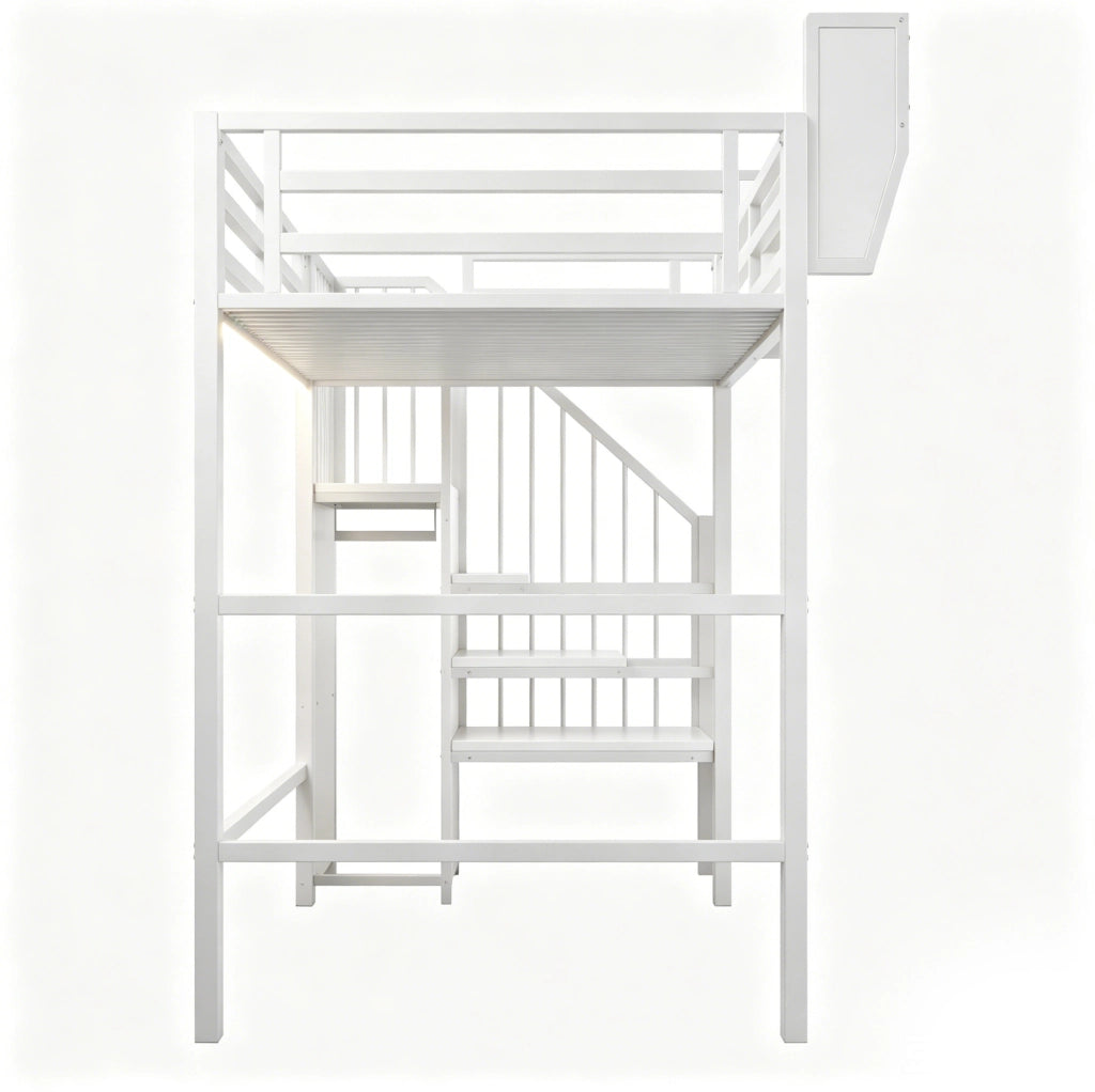 Letto a soppalco 90x200 cm in metallo e MDF; con LED; scala di sicurezza; bianco