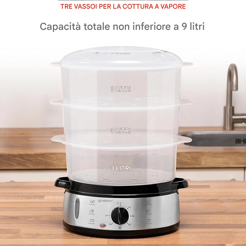 Vaporiera Elettrica Pentola a Vapore 800W a 3 Strati Capacità 9L con Timer