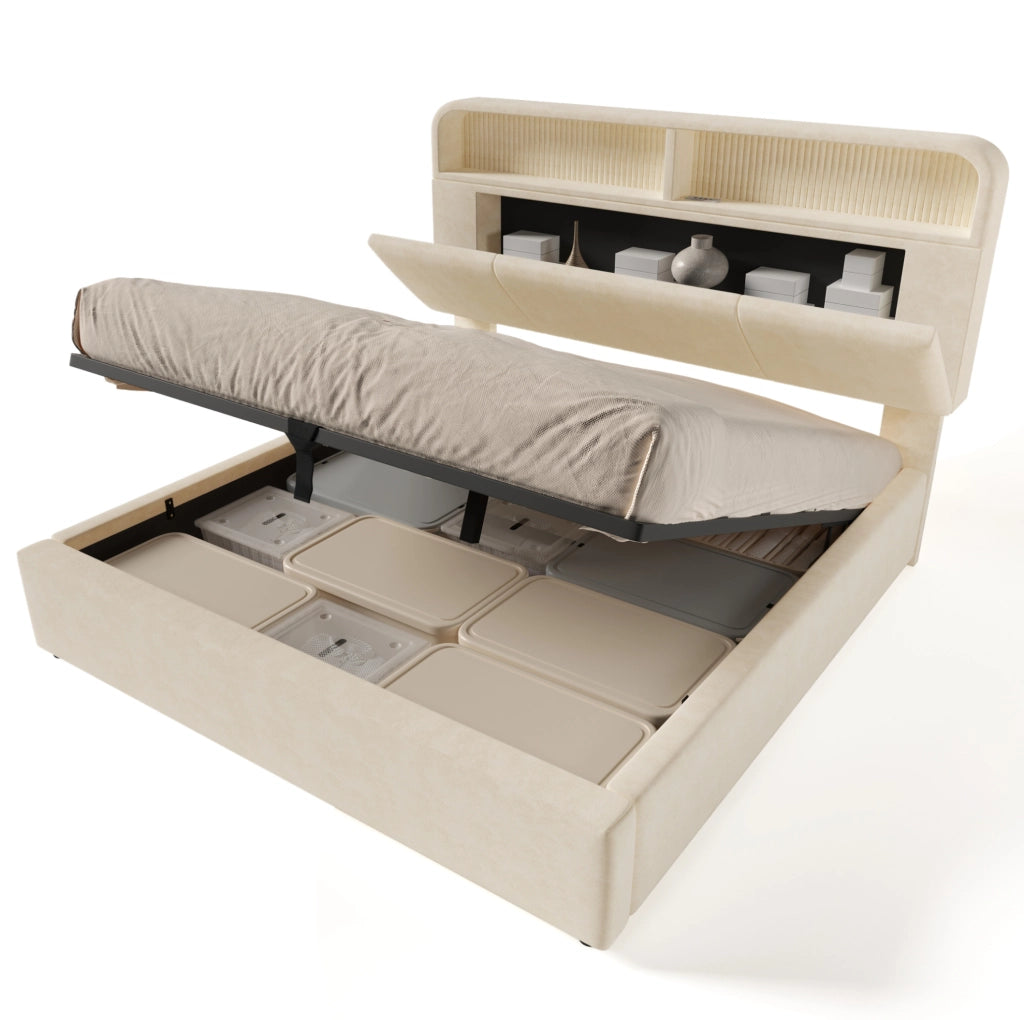 Letto matrimoniale 160x200 cm in velluto beige con testiera regolabile; LED; USB e contenitore