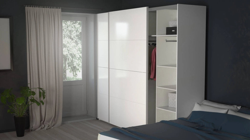 Guardaroba 2 ante Kauri, Mobile camera da letto, Cabina armadio portabiti, Armadio appendiabiti, 243x61 h220 cm, Bianco lucido