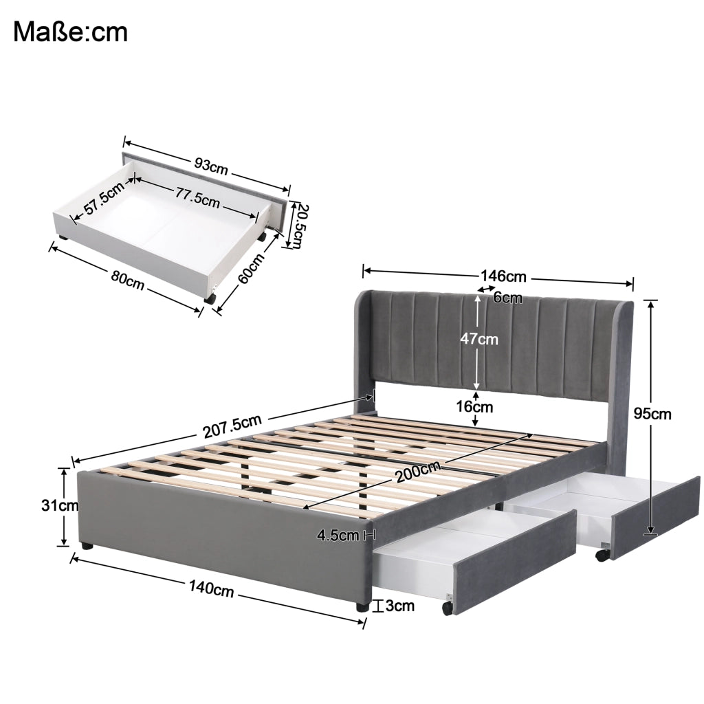 Letto imbottito 140x200 cm in velluto grigio con testiera, rete a doghe e 2 cassetti