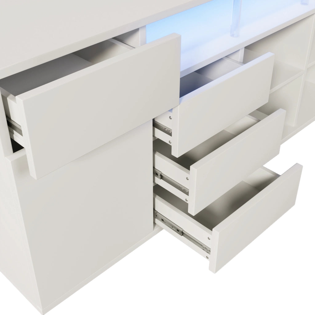 Credenza con 4 cassetti; 2 ante e LED - per soggiorno - 160×40×75 cm - bianca