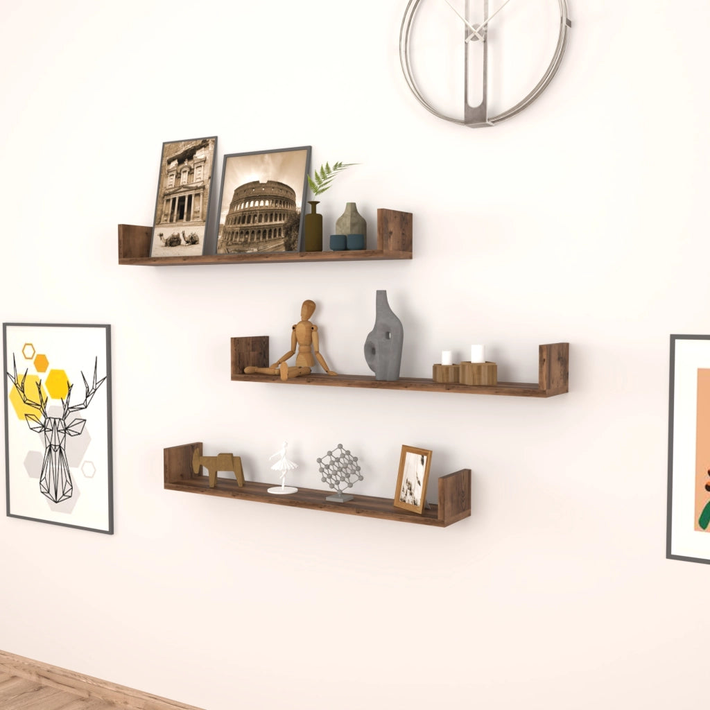 Set 'Höganäs' 3 Mensole da Muro - Consolli Pensili con Piano d'Appoggio a Forma di U - Largo 90 cm - Effetto Rovere Antico [en.casa]