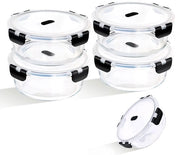 Contenitori di cibo in vetro 1300ml con coperchi, set da 4, scatole da pasto rotonde con coperchi, contenitore di cibo in vetro sigillato con coperchi per trasportare pasti solidi a pic nic, nero