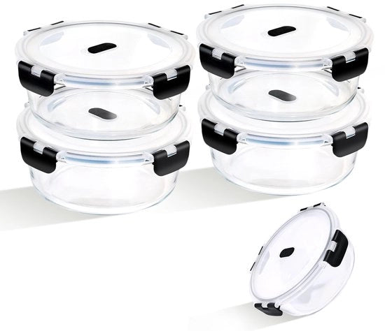 Contenitori di cibo in vetro 1300ml con coperchi, set da 4, scatole da pasto rotonde con coperchi, contenitore di cibo in vetro sigillato con coperchi per trasportare pasti solidi a pic nic, nero