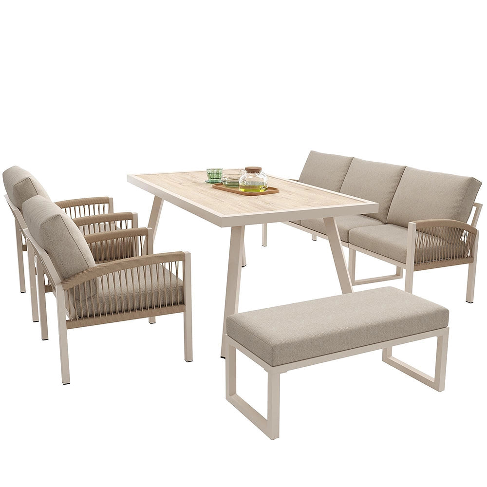 Set da giardino intrecciato a mano per 7 persone - Xylo - Struttura in ferro robusta con cuscini beige e tavolo in vetro effetto legno
