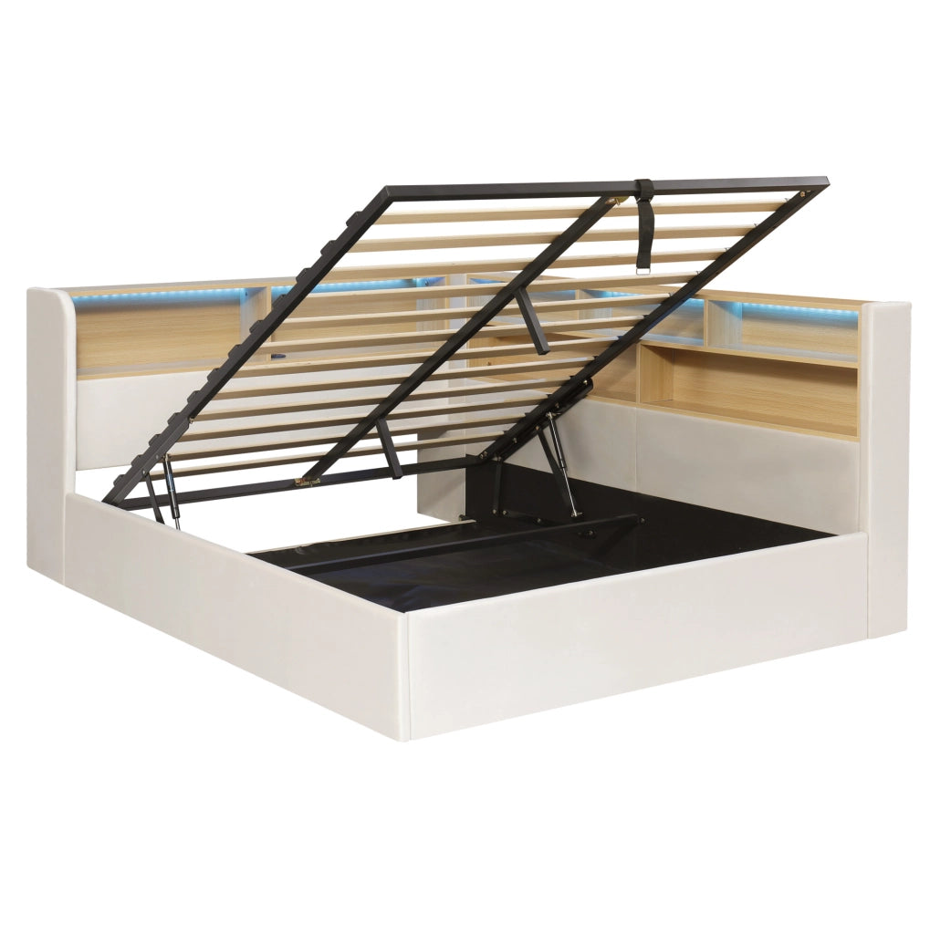Letto imbottito 140x190 cm beige in velluto; vano idraulico e LED