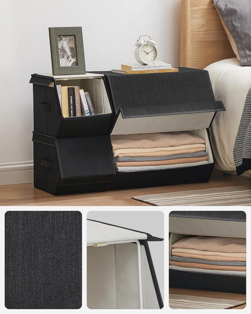 SONGMICS Set di 4 Scatole con Coperchio, Organizzatori Impilabili per Armadi, Contenitori con Chiusura Magnetica, Scatole in Tessuto, Struttura in Metallo, per Libri Vestiti, Nero Classico RLB022B01