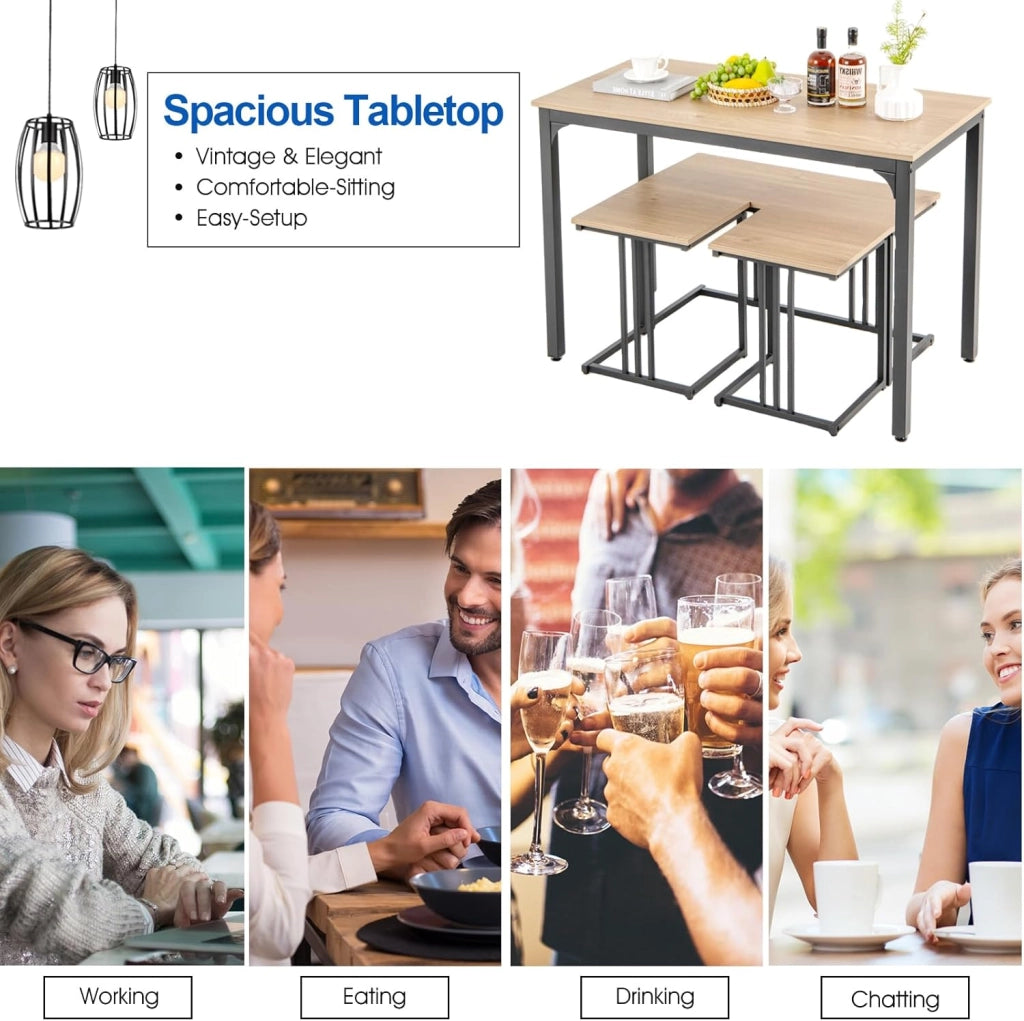 Set tavolo e sedia da pranzo 4 pezzi, tavolo da cucina 4 persone 120 x 60 x 75 con 1 panca e 2 sgabelli, struttura in metallo, per sala da pranzo, soggiorno, caffè (naturale)