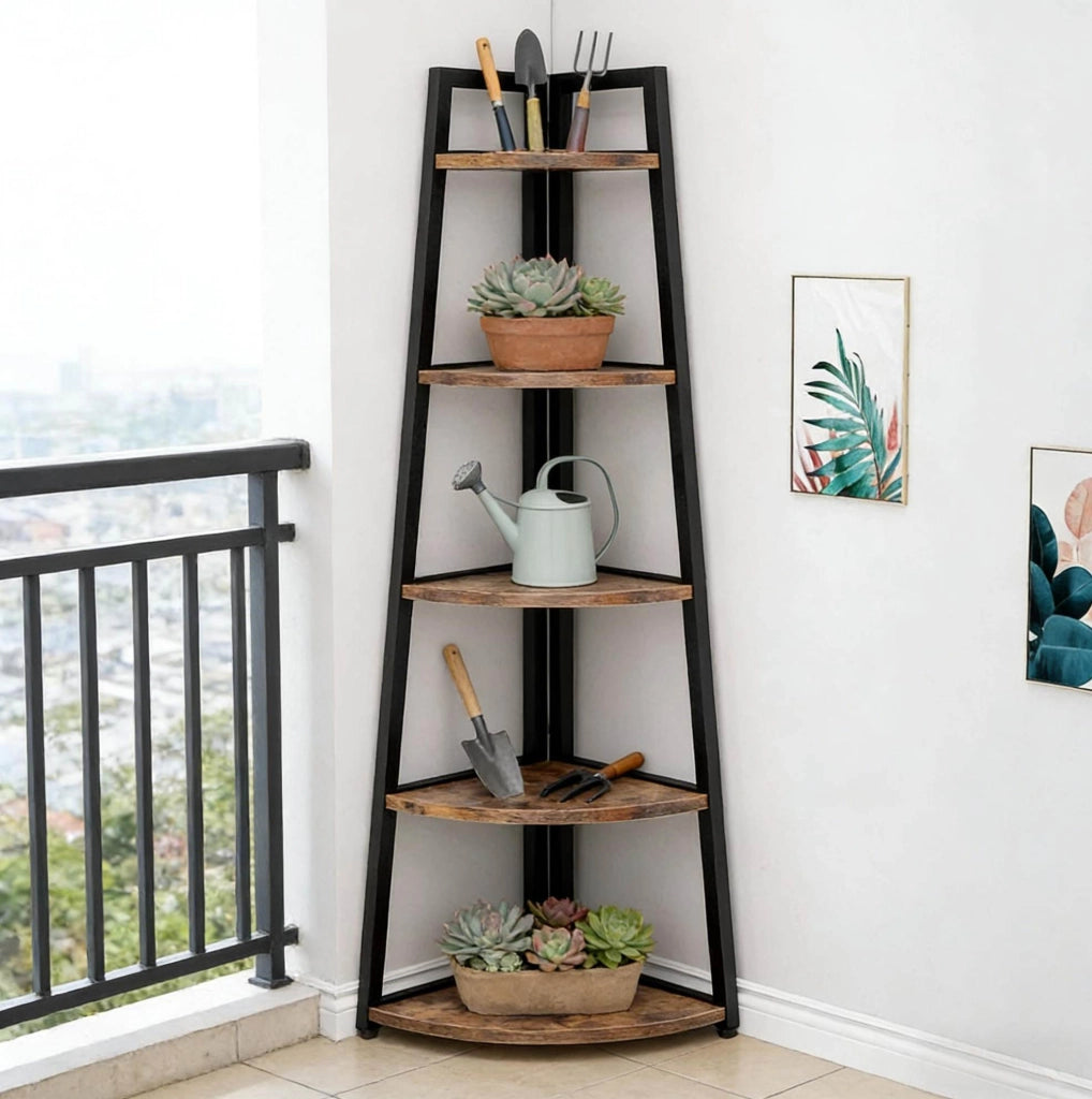 Scaffale angolare a 5 ripiani in metallo e legno