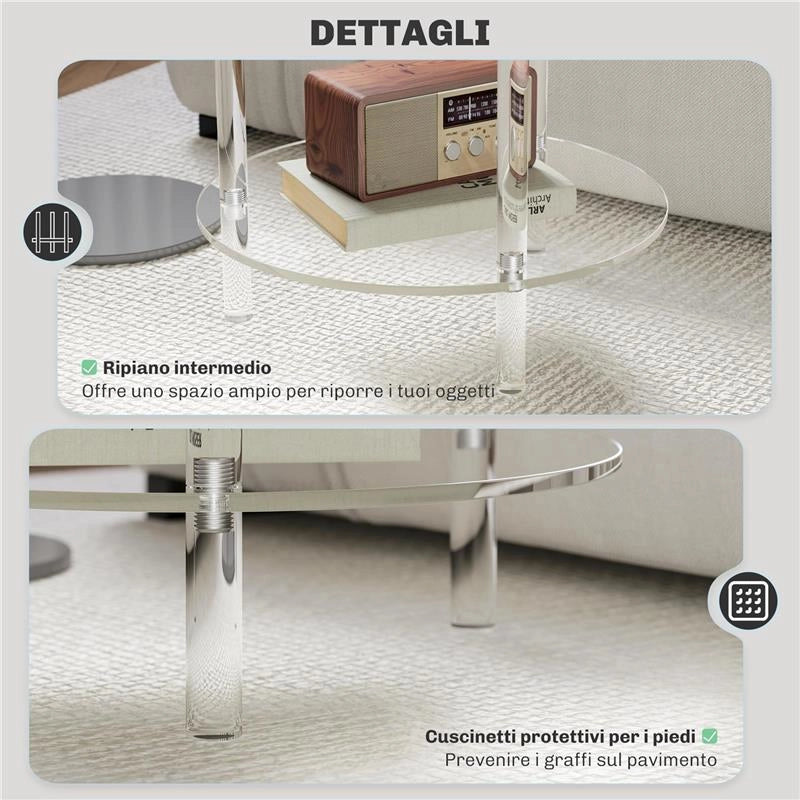 TAVOLINO BASSO ROTONDO A 2 LIVELLI IN ACRILICO PER INTERNI, Ï40X50 CM, TRASPARENTE