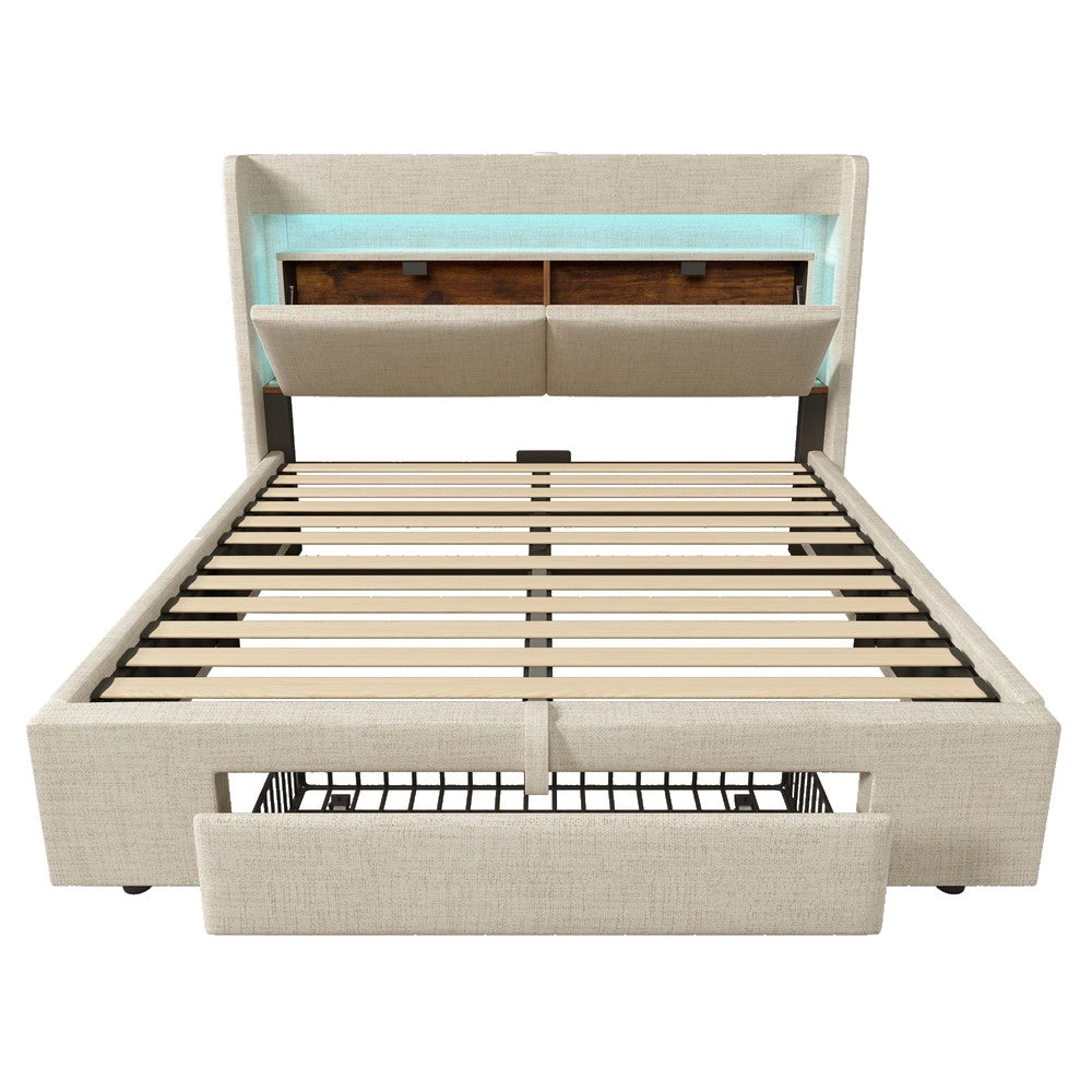 Letto Imbottito Contenitore 140x200 con LED, USB ¨C MINIMAL ¨C Beige, Tessuto Lino, Testiera con Vano