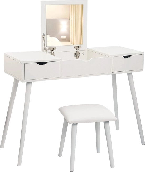 Specchio da toeletta - Cassetta da toeletta - Con specchio - Comodino - Cassetta da toeletta di lusso - Con sgabello - Camera da letto - Aspetto moderno - Bianco