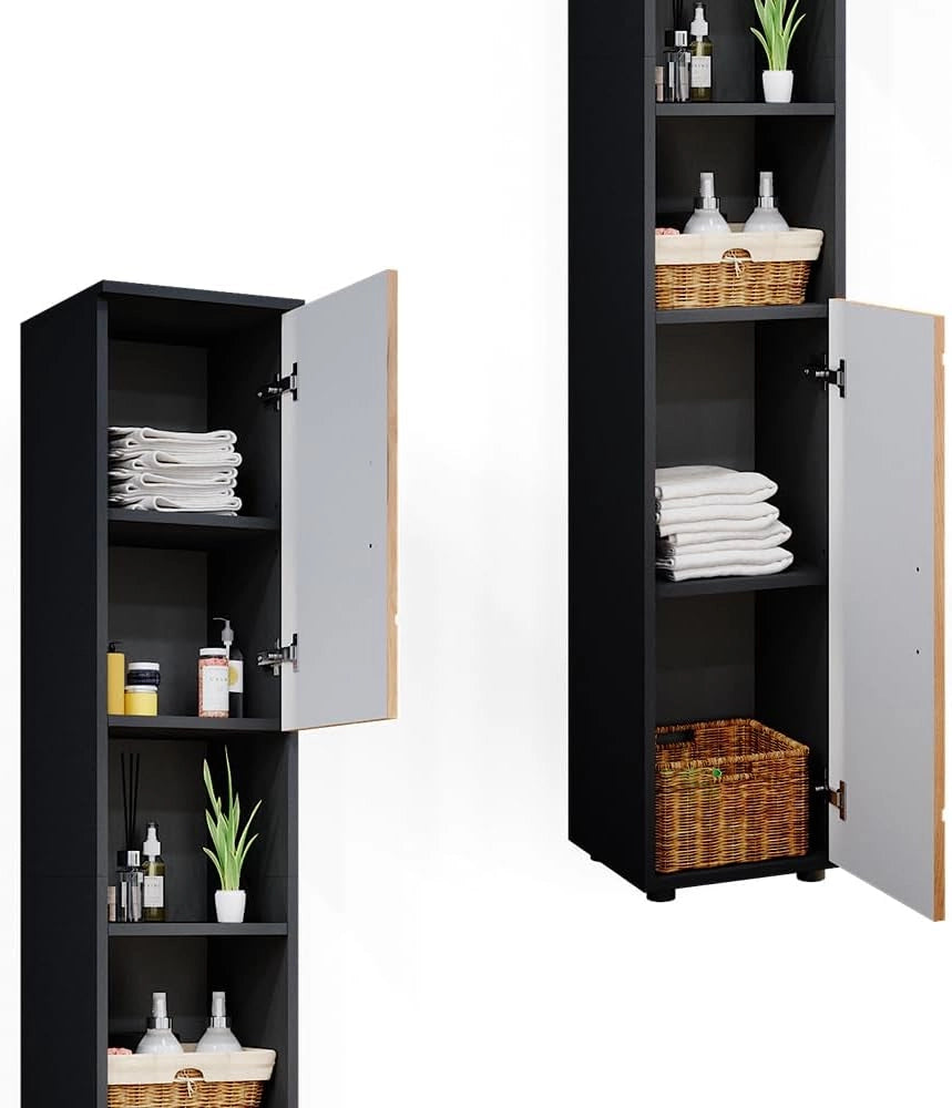 Set di mobili da bagno Irma, Quercia dorata/antracite, 2 parti, con colonna, composto da mobile sottolavabo e colonna alta