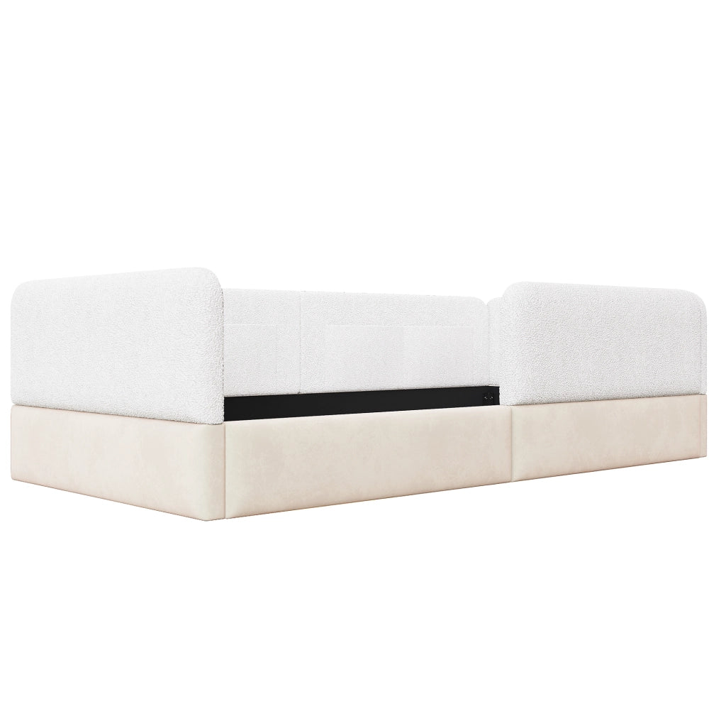 Letto piattaforma imbottito 90x200 cm con spondine e tasche portaoggetti; bianco
