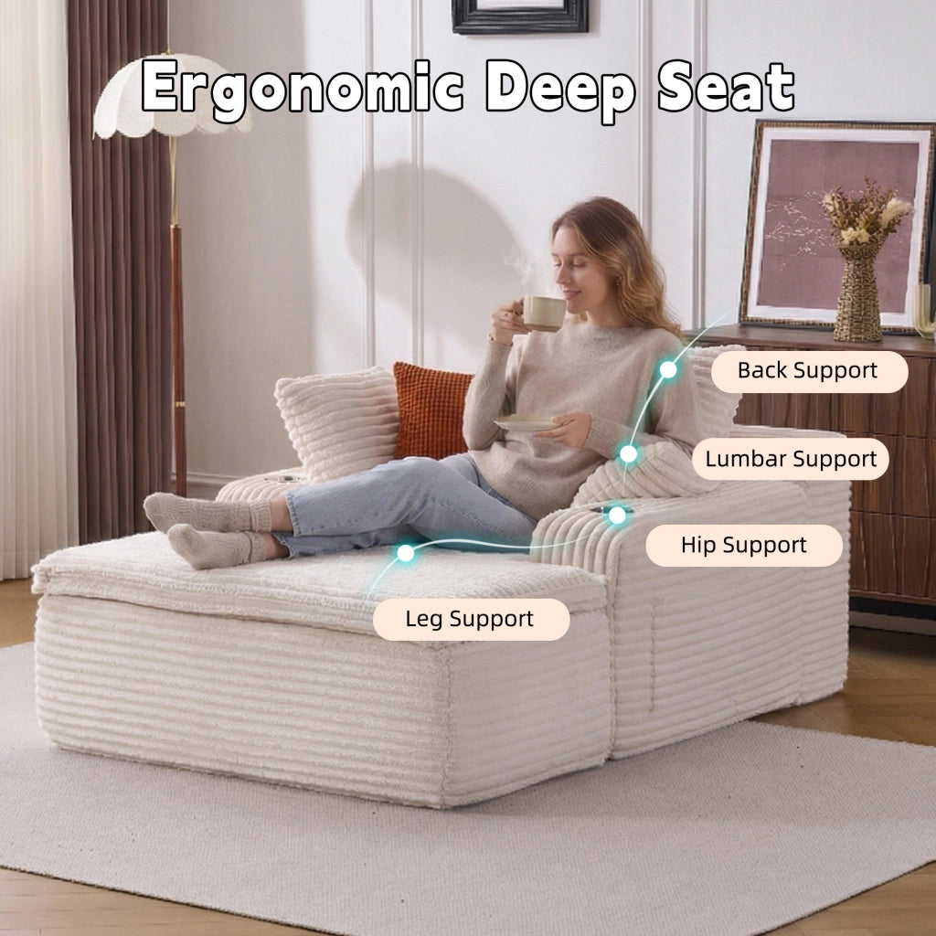 Divano convertibile senza struttura con chaise longue in velluto a coste con 3 cuscini e portabicchieri beige