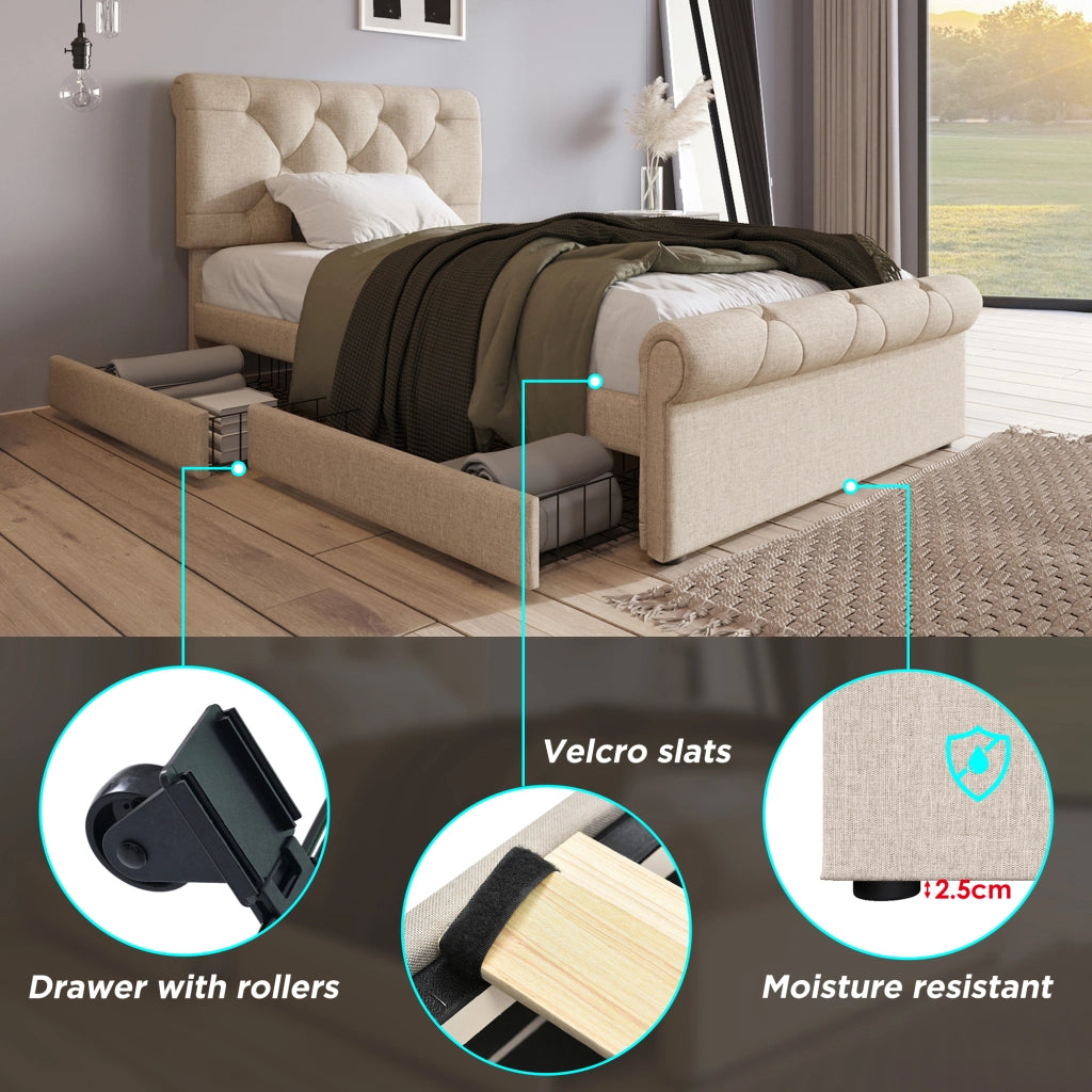 OKWISH Letto con Cassetti 90×200 cm, Letto Singolo con 2 Cassetti, Testiera Regolabile e Imbottitura, senza Materasso, Naturale