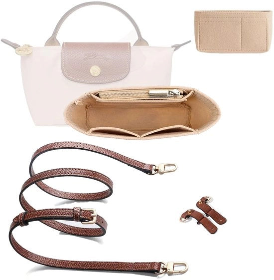 Organizzatore e cinturino per Mini, organizzatore di tasca in pelle di pecora con più tasche, cinturino regolabile senza fori per Mini piccola tasca (beige e marrone)