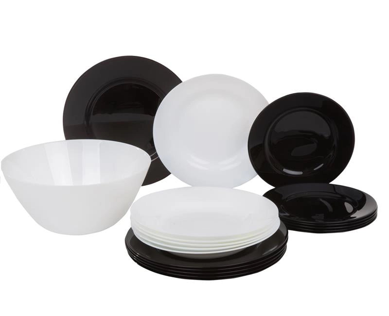 LUMINARC SERVIZIO DA TAVOLA LEA 19 PEZZI IN COLORE BIANCO E NERO 6 FONDI - 6 PIANI - 6 DA FRUTTA + 1 CIOTOLA