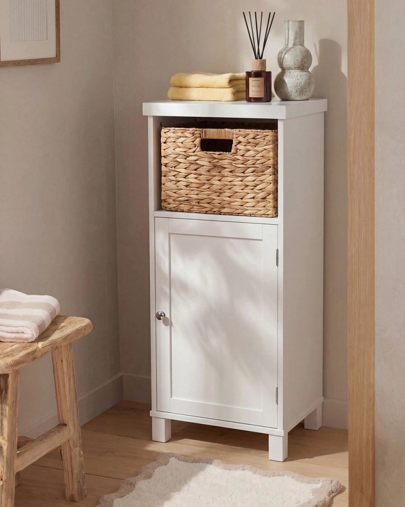 Mobile da bagno in MDF bianco con ripiani e cestino, stile tradizionale