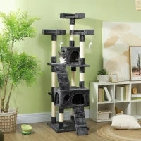 Albero Tiragraffi per Gatti con 3 Posatoi, 2 Casette e Giochi Appesi, in Legno e Peluche, 49x49x173 cm, Grigio
