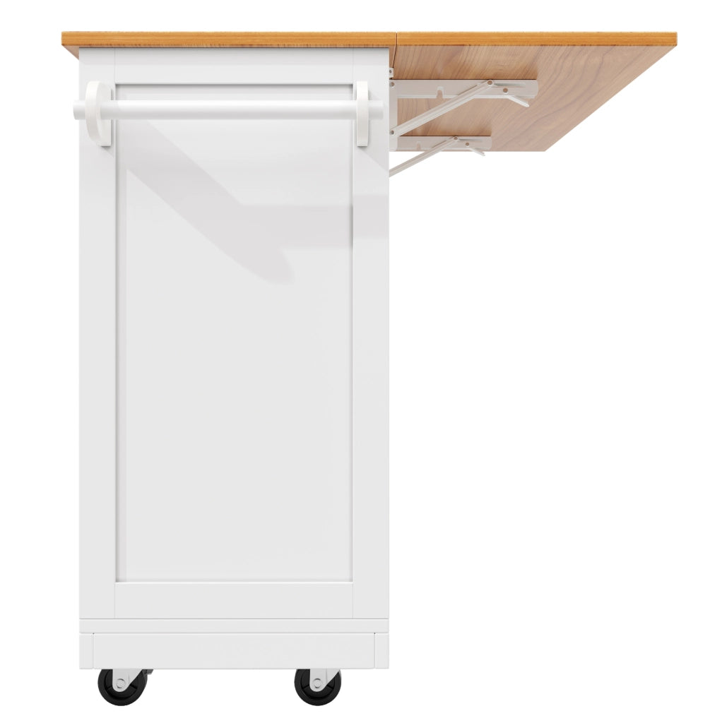 Isola cucina pieghevole con ruote, piano MDF e contenitore
