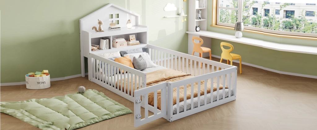 Letto a forma di casa bianco in legno massello con funzione contenitore e rete a doghe 90x200 cm