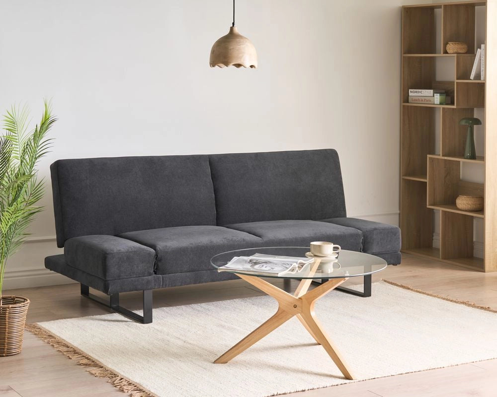 Divano Letto in Tessuto nero ciniglia con schienale reclinabile e struttura in legno stile moderno