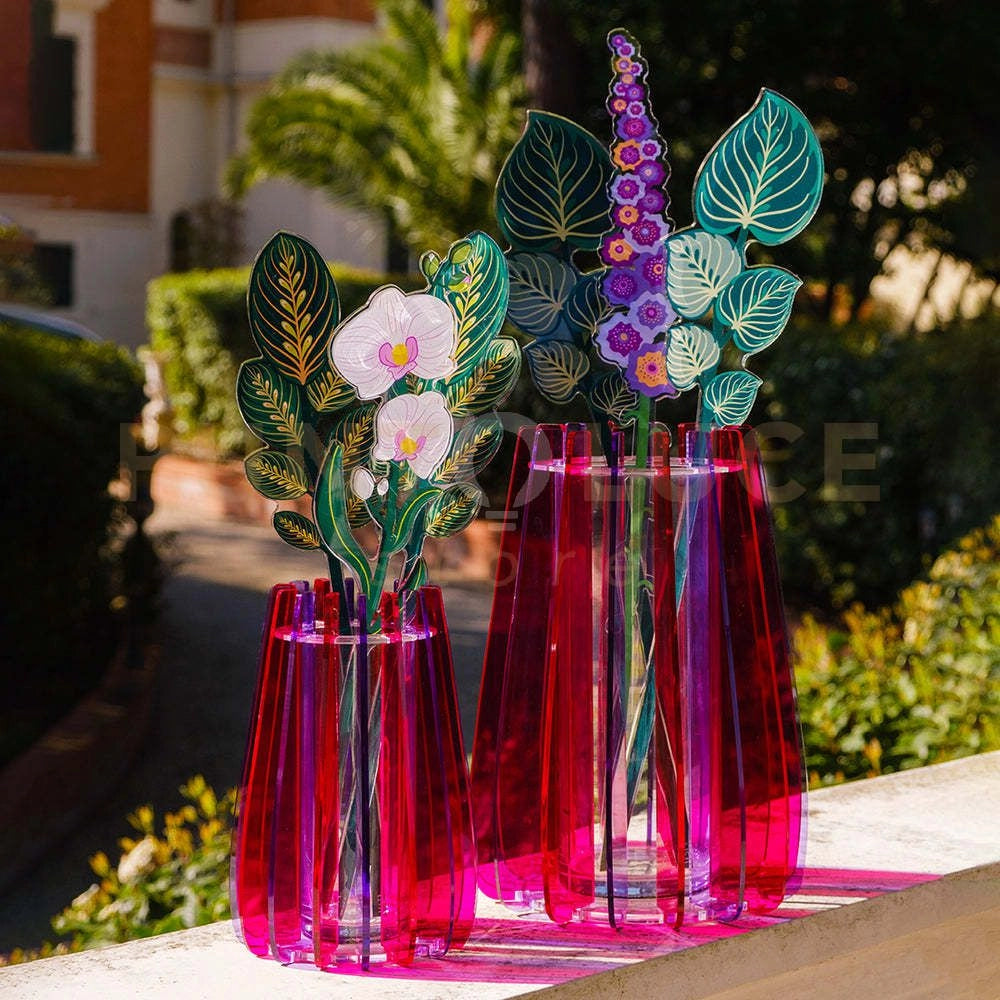 VASO GRANDE IRIDE IN VETRO TRASPARENTE E CRISTALLO ACRILICO COLORE FUXIA