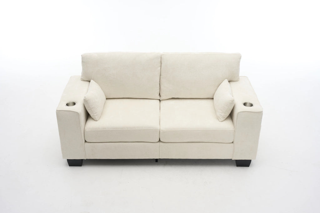 Divano a due posti moderno con portabicchieri e tasche laterali per soggiorno e ufficio in tessuto chenille beige