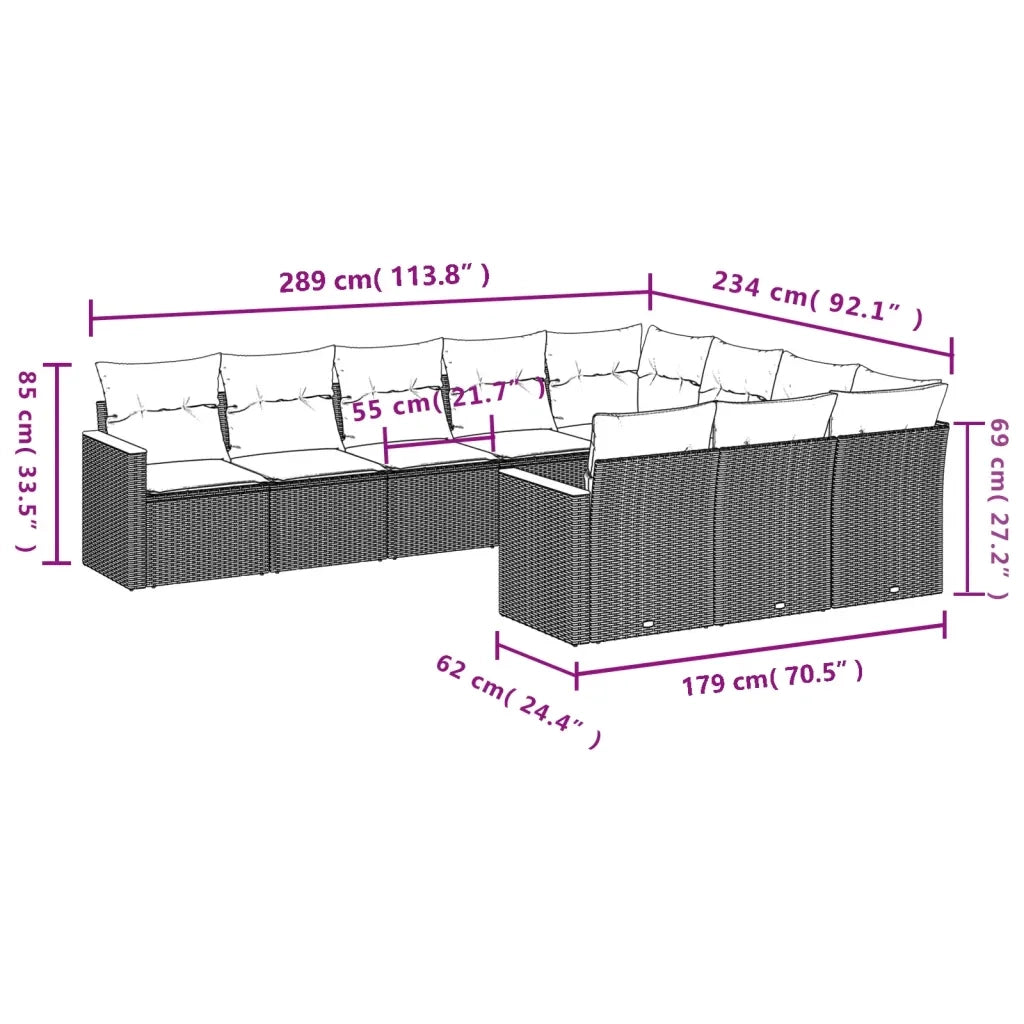 Set Divani da Giardino 10pz con Cuscini in Polyrattan Nero