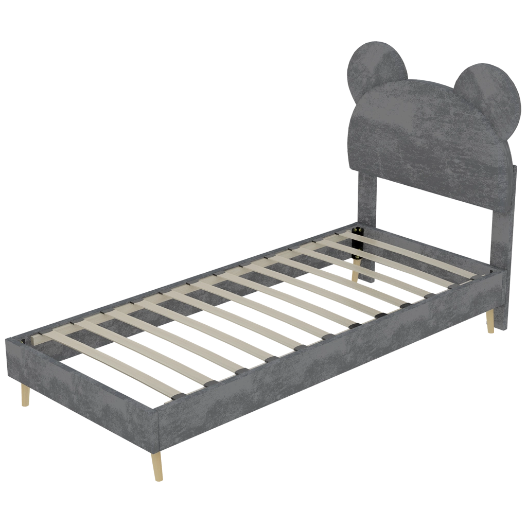 Letto imbottito singolo 90x200 cm con testiera decorativa e contenitore pneumatico; grigio