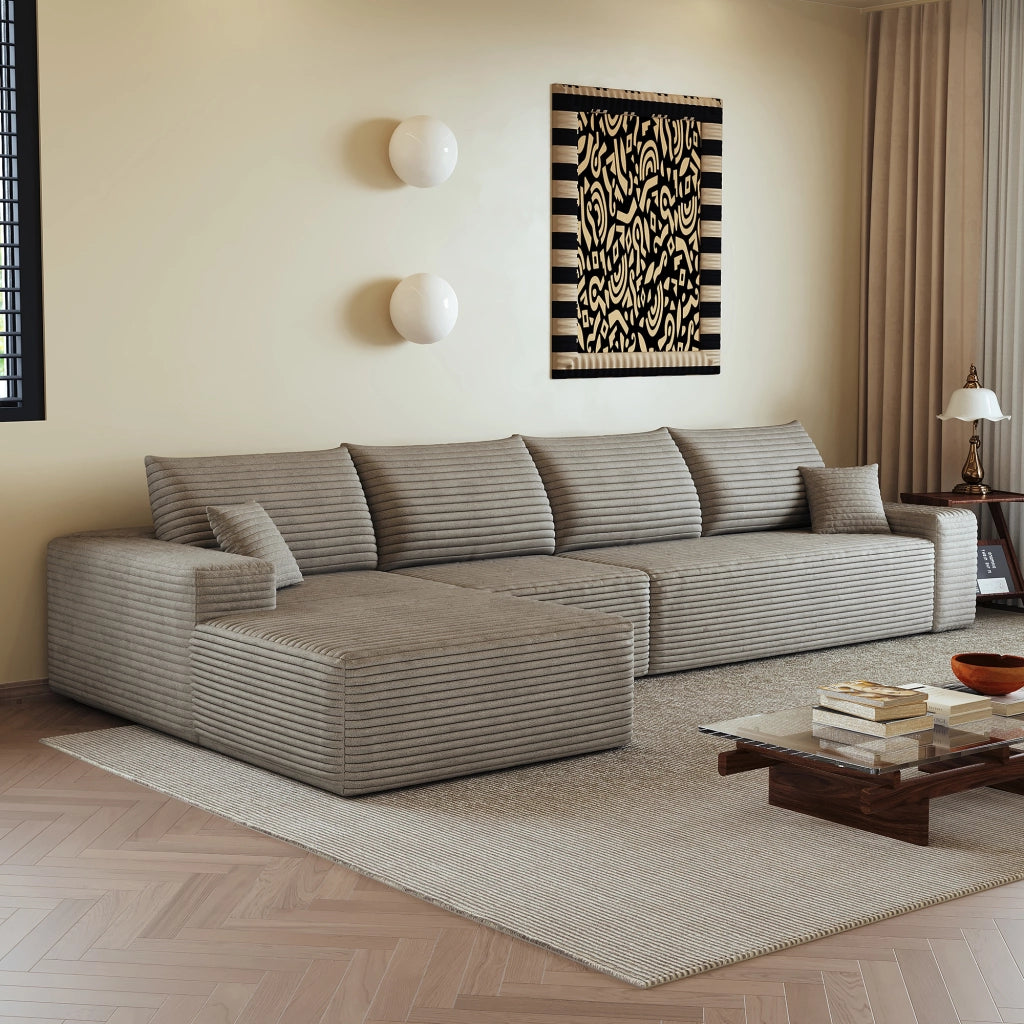 Divano angolare modulare in velluto a coste con seduta profonda e schiuma elastica, camel 340 cm