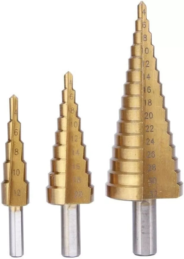 PUNTE CONICHE HSS A GRADINI PER TRAPANO KIT 3 PEZZI 4-12mm – 4-20mm – 4-32mm