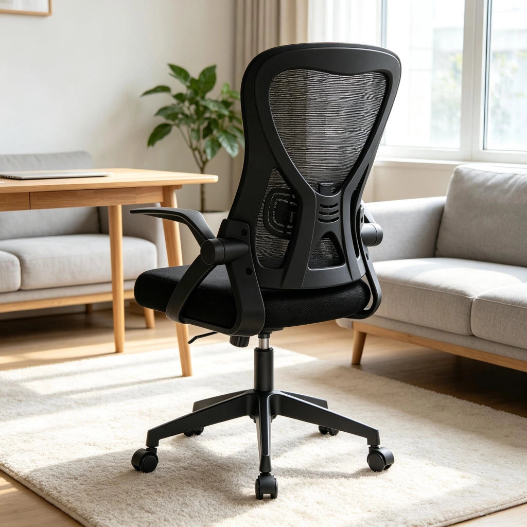 Sedia da ufficio ergonomica girevole con schienale in rete e braccioli ribaltabili, seduta in schiuma, nera