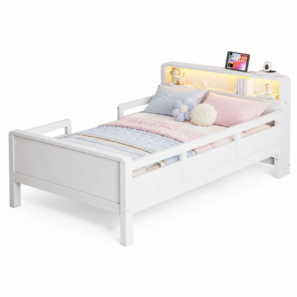 Letto singolo multifunzione 90x200 cm in legno bianco con LED; presa USB e USB-C; testiera con ripiano