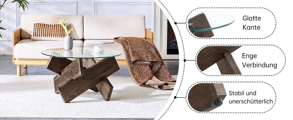 Tavolino da Caff¨¨ Rotondo ¨C MINIMAL ¨C Vetro Temperato e Legno Noce, ?79 cm