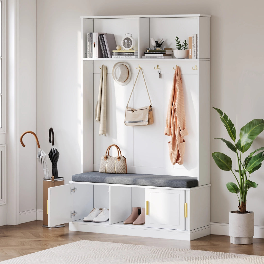 Garderoba da ingresso con panca e scarpiera; 6 ganci; 120x40x191 cm; bianco