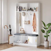 Garderoba da ingresso con panca e scarpiera; 6 ganci; 120x40x191 cm; bianco