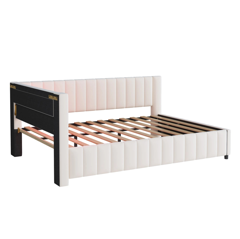 Divano letto angolare imbottito in velluto 140x200 cm con LED; USB e testiera Beige