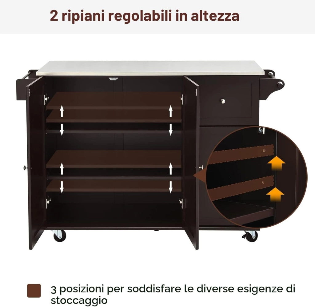 Isola da cucina mobile con piano di lavoro in acciaio inox, carrello da cucina con 3 cassetti e portasciugamani e ripiano regolabile, armadio da cucina su ruote, trolley da cucina 135 x 45,5
