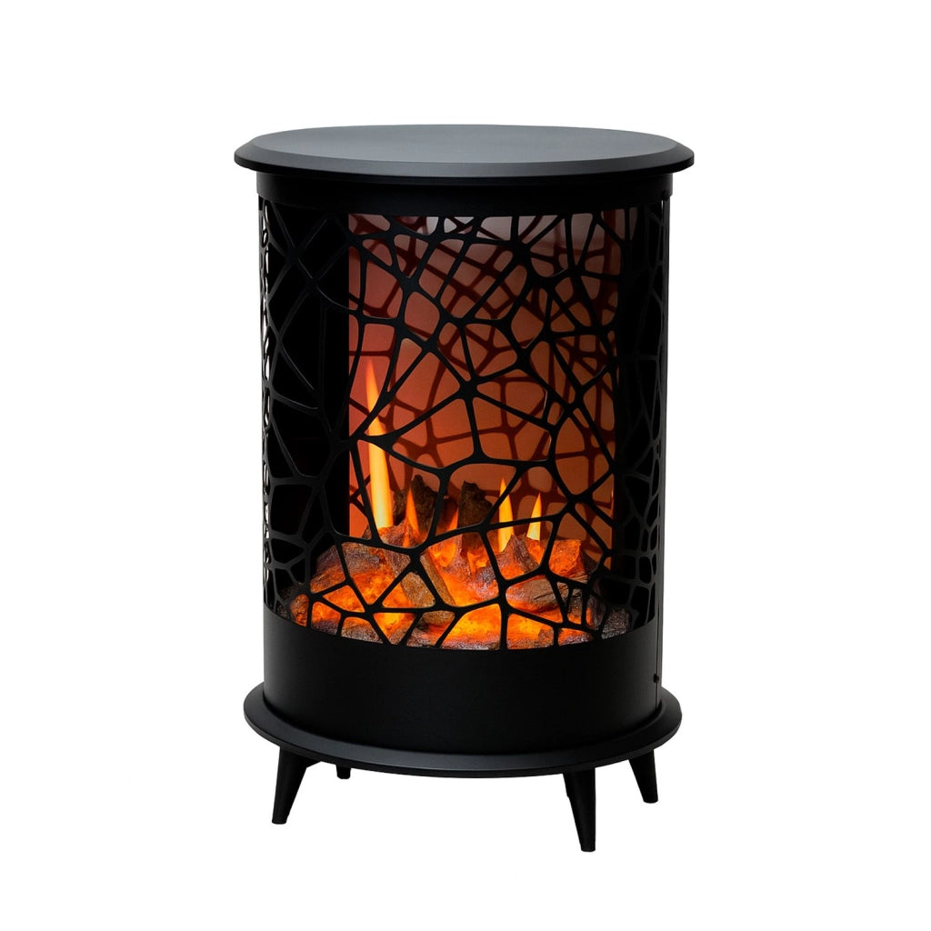 SINED Caminetto rotondo nero in acciaio con fiamma olografica stereoscopica indipendente riscaldamento 2 livelli 750-1500W altezza 72 cm modello CAMINETTO-GARDENA