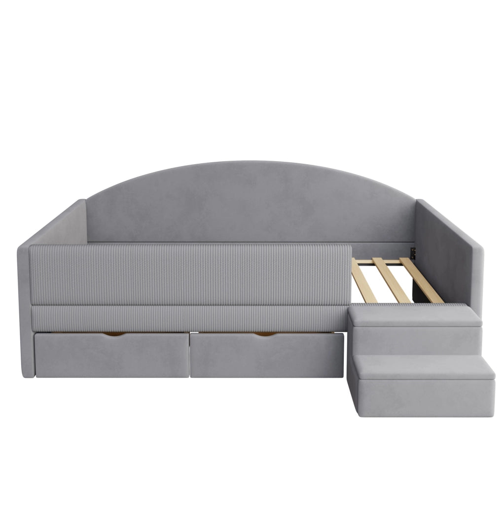 Letto imbottito 90x190 cm con 2 cassetti, sponde protettive e gradini