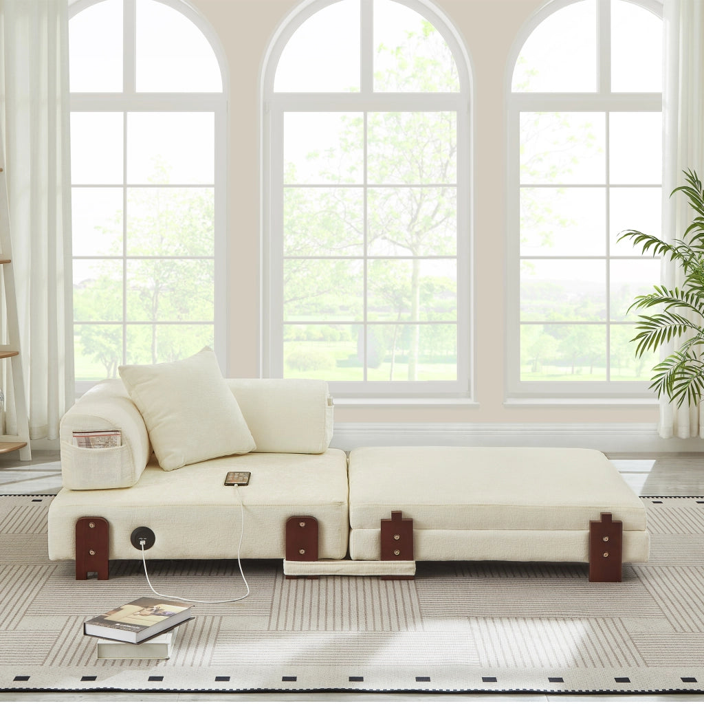 Divano letto pieghevole 2 in 1 con funzione letto e porte USB e Type-C con tasche portaoggetti in tessuto beige