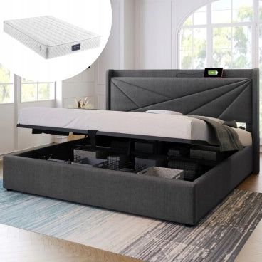 Letto con materasso e schienale in lino - Xylo - 160x200 cm con USB-C e vano
