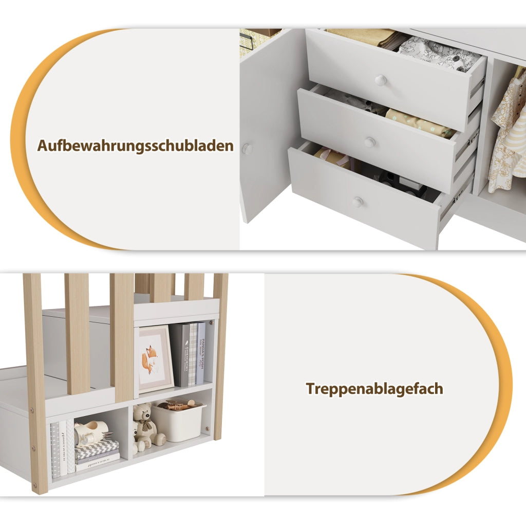 Letto a soppalco per bambini 90x200 cm bianco in MDF con scale; cassetti e armadi
