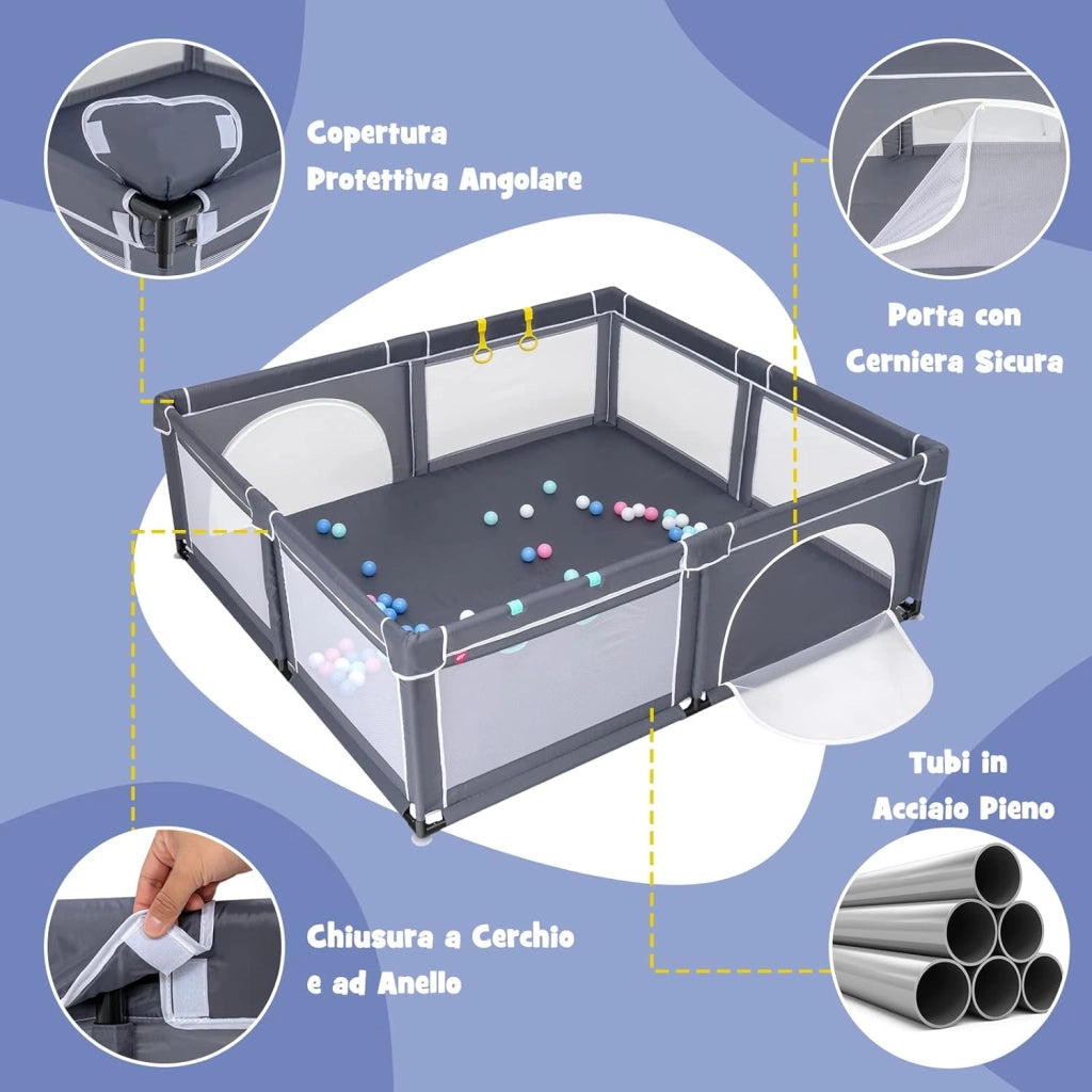 Box Recinto per Bambini, Centro Attività Portatile con Cancelli di Sicurezza, Reti Traspiranti, Ventose Antiscivolo e 4 Anelli per Bambini, con 50 Palline, 206 x 185,5 x 68 cm (Grigio Scuro)