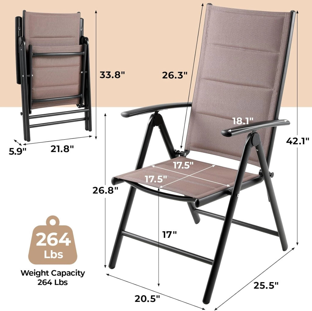 Sedia da giardino con schienale alto, pieghevole, set da 6 sedie da balcone in alluminio, con schienale trapuntato e seduta regolabile in 7 posizioni, fino a 120 kg, per sala da pranzo