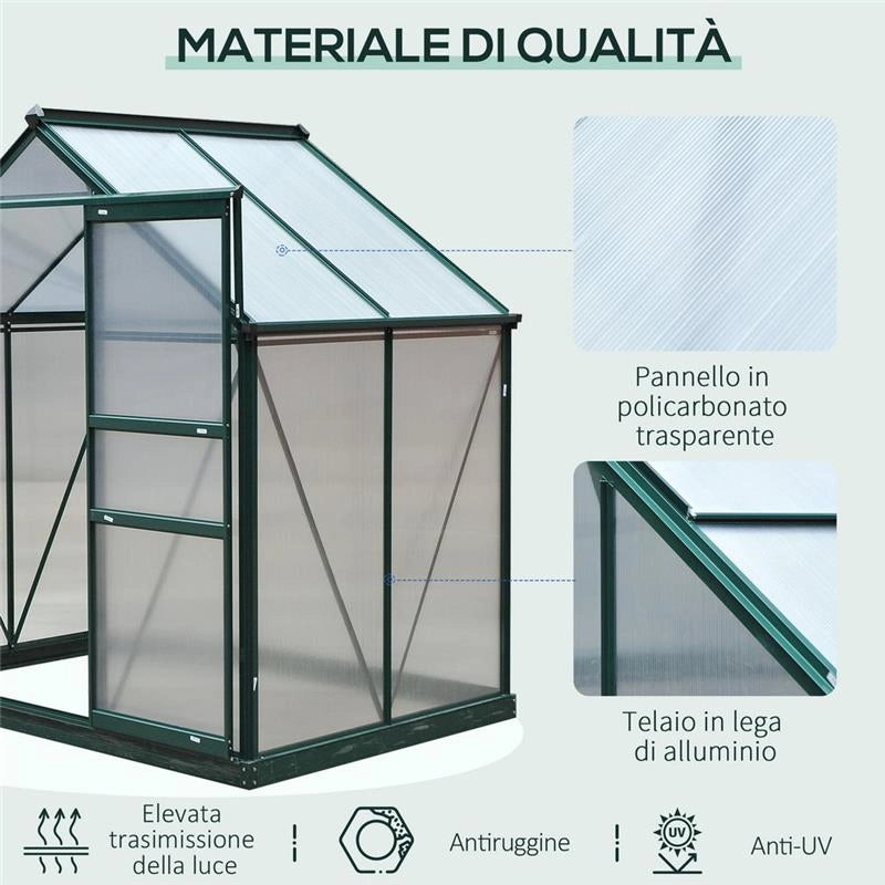 SERRA DA GIARDINO IN POLICARBONATO ANTI UV 190X132X201CM, CON STRUTTURA IN ALLUMINIO, FINESTRA E PORTA SCORREVOLE