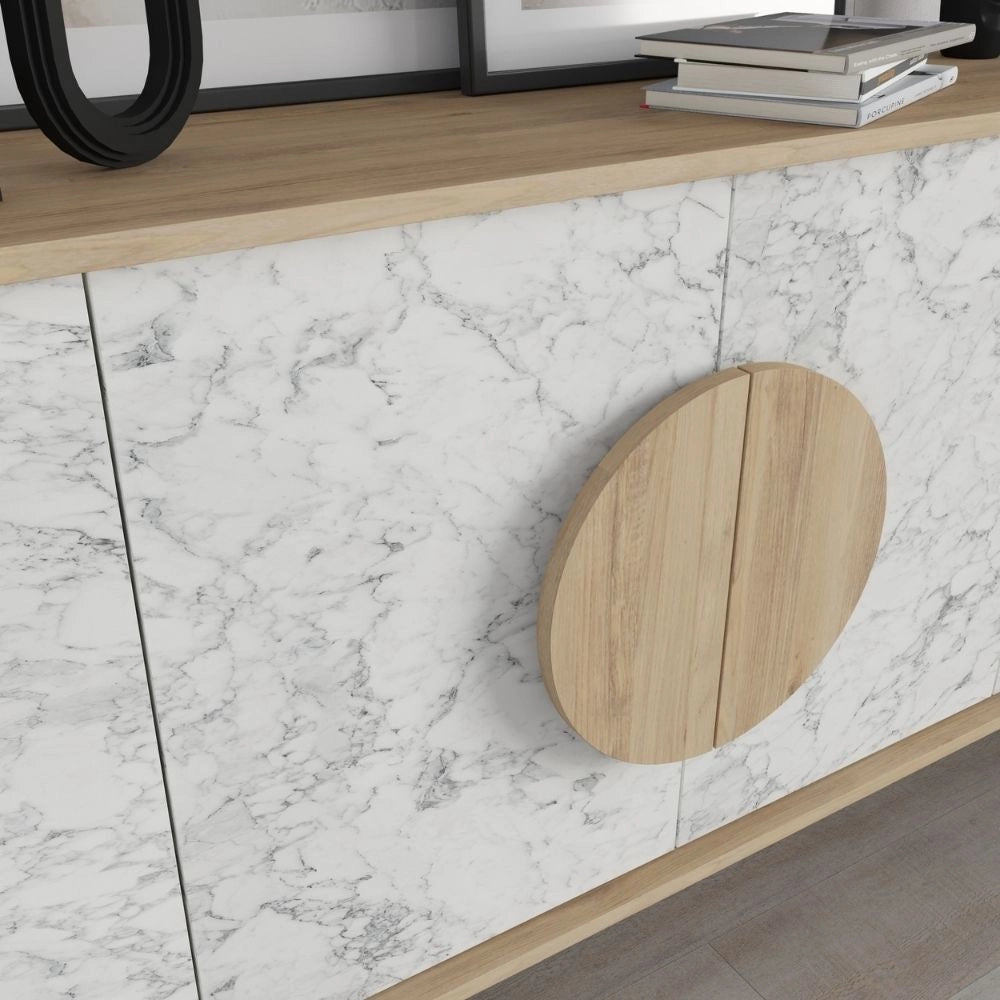 Madia 4 ante Gora180 colore bianco effetto marmo carrara e rovere 180x35,6x82